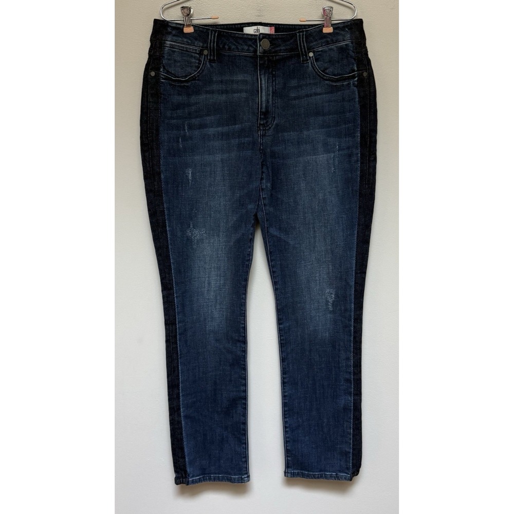 CABI Womens Jeans High Straight #3750 Size 14 Tuxedo Stripe Distressed